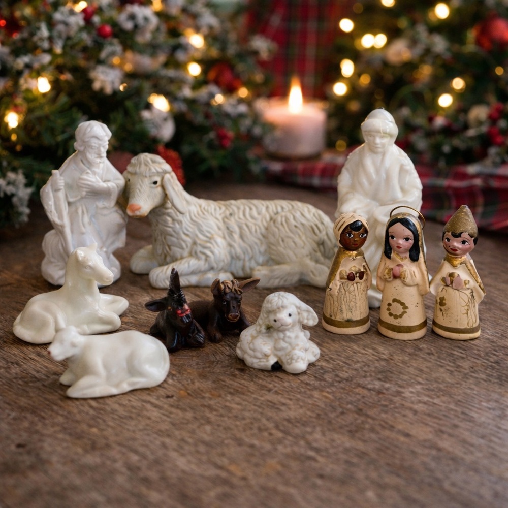 Vintage Nativity Set 12 Pc Ceramic Clay Porcelain Jesus Manger Christmas Decor